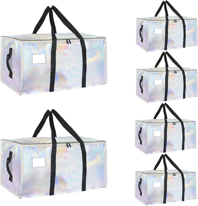 6 Pack-Extra Large Heavy Duty Moving Bags - Waterproof Storage Totes with Handles & Zippers, Foldable for College Dorm, Storage (Shiny Color)