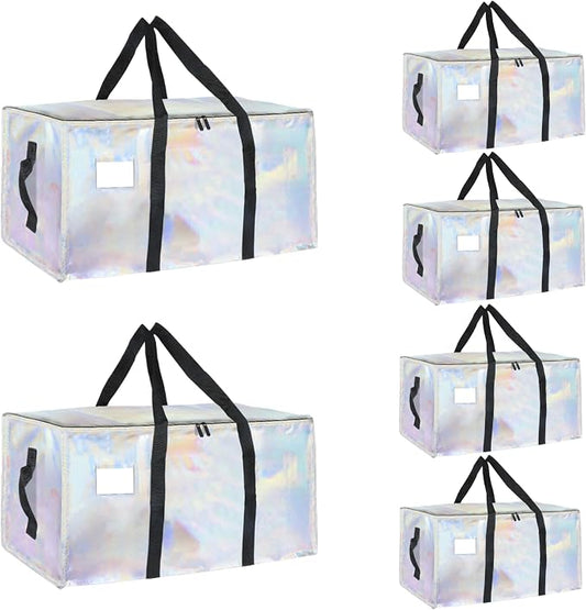 6 Pack-Extra Large Heavy Duty Moving Bags - Waterproof Storage Totes with Handles & Zippers, Foldable for College Dorm, Storage (Shiny Color)