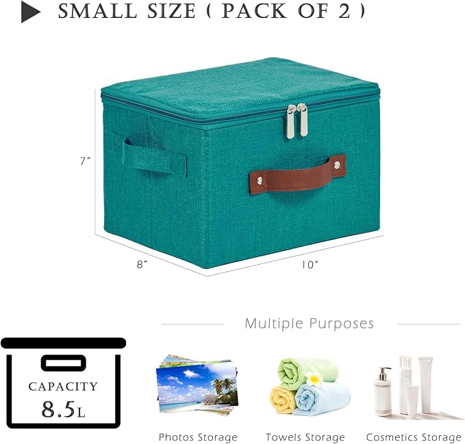 2 Pack Storage Bins with Zipper Lid Cotton Linen Fabric Lidded Storage Baskets Boxes Foldable Washable Closet Shelf Clothes Organizer Container with PU Leather Handles (Teal Blue, Small)