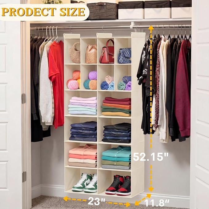 Ofiray-home 6 Tier Hanging Closet Organizer, 16 Compartments Sweater Organizer for Closet with 3 Sturdy Hooks, Closet Organizers and Storage, Wardrobe, Rv, Garment Rack, Beige