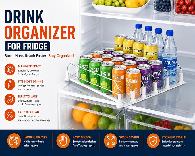 Drink Organizer for Fridge with Cleaning Brush, Soda Can Dispenser for Refrigerator, Automatic Drink Dispenser for Fridge Holds up to 25 Cans, 5 Row Adjustable Organizer with Smooth Pusher Glide White