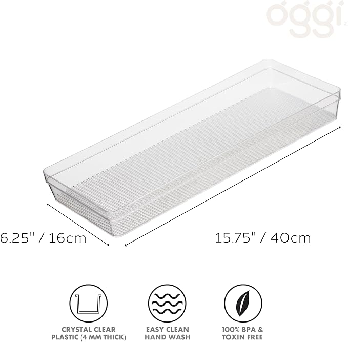 Oggi Clear Drawer Organizer - 6.25" X 15.75" - Ideal for Organizing Kitchen Drawers, Office, Desk, Silverware, Kitchen Utensils, Cosmetics and Bathrooms