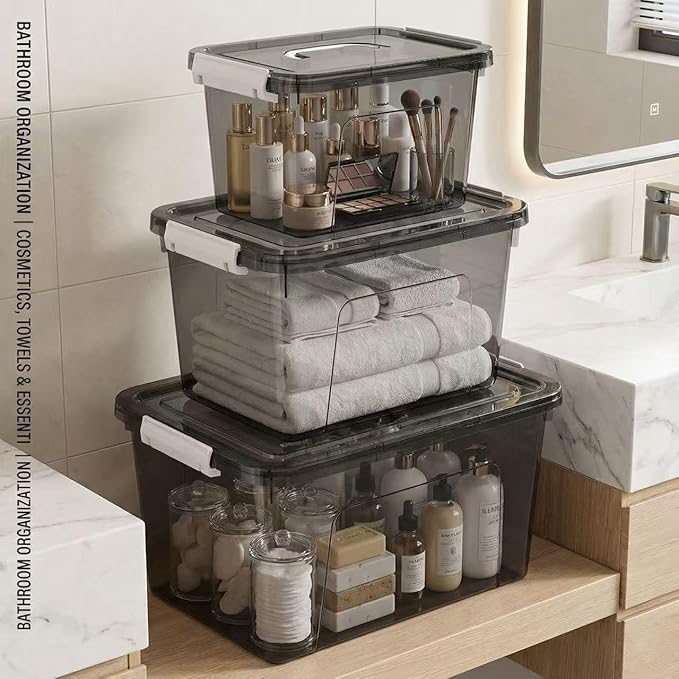 Plastic Storage Bins with Lids, 3 Pack Mixed Sizes (22 Qt, 16 Qt, 7 Qt) Clear Black Stackable Organizer Boxes with Latches for Closet, Pantry, Garage, Bathroom, Office