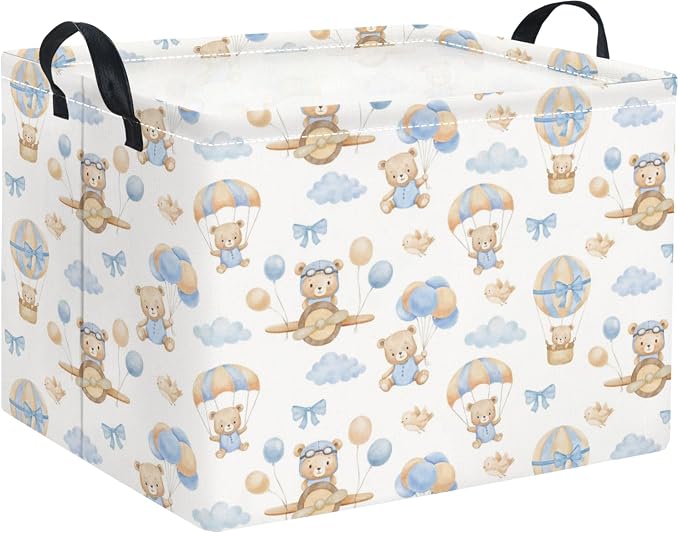 Rectangular Baby Kids Storage Basket for Home Kitchen Girls Cute Toy Storage Bin Organizer Shelf Book Room Decor(Bear Pilot)