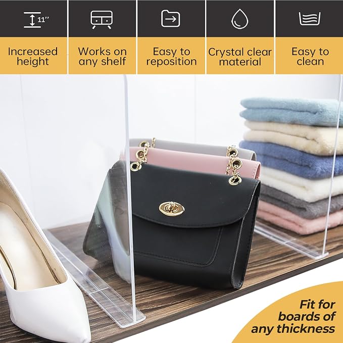 ROUFA 6Pcs Clear Acrylic Shelf Dividers, Closet Organizer Wood Shelf Separators Purse Organizer for Bedroom, Kitchen, Office, Bathroom 11.8''x11''