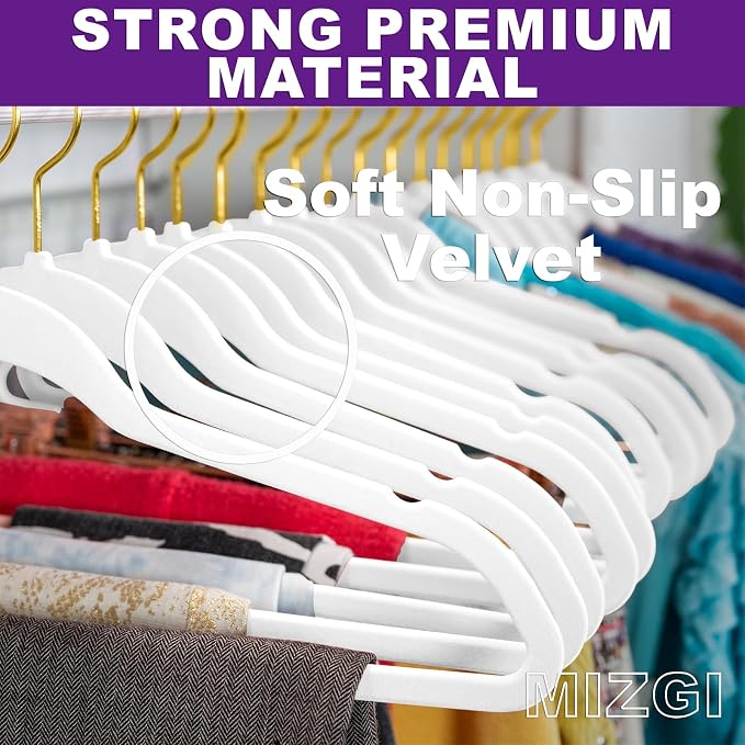 MIZGI Premium Velvet Hangers - 40 Pcs Heavy Duty, Non Slip Felt, Space Saving, White with Gold Hooks