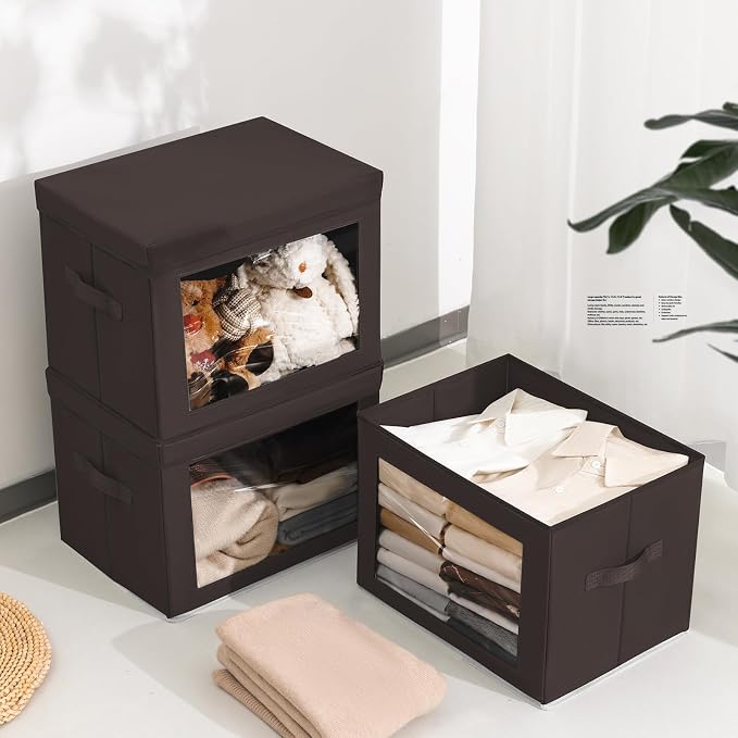Homsorout Stackable Storage Bins with Lids - Large Storage Box with Lids, Foldable Closet Boxes for Organizing, Wardrobe Clothes Organizer with Window, Cubes Bins for Living Room, 6 Pack, Brown