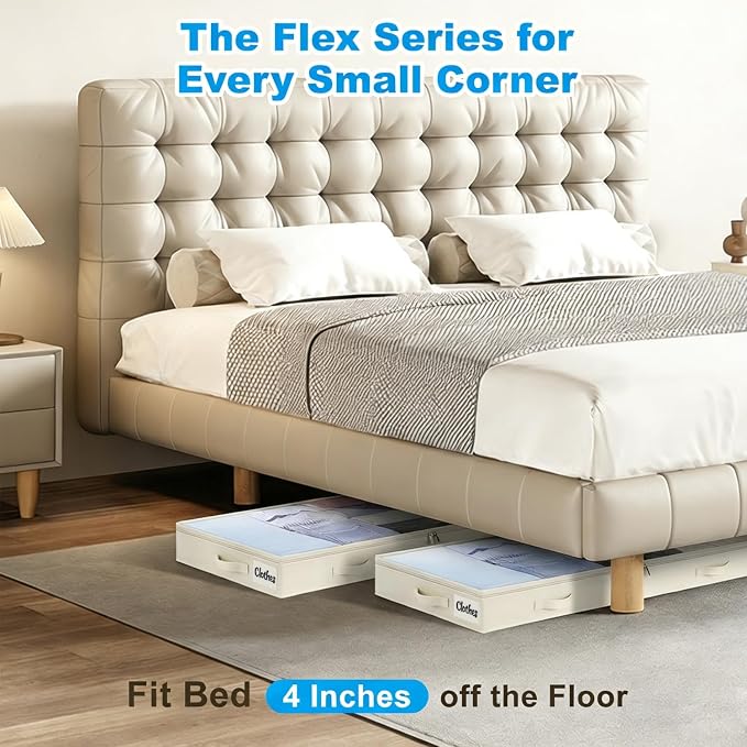 4 Inch Low Profile Under Bed Storage Drawer 2 Pack, Lightweight Underbed Clothes Storage Container Bins With NO STURCTURE, Shallow Storage Bag for Dorm & Home, With Clear Lids & Water-Resistant Fabric