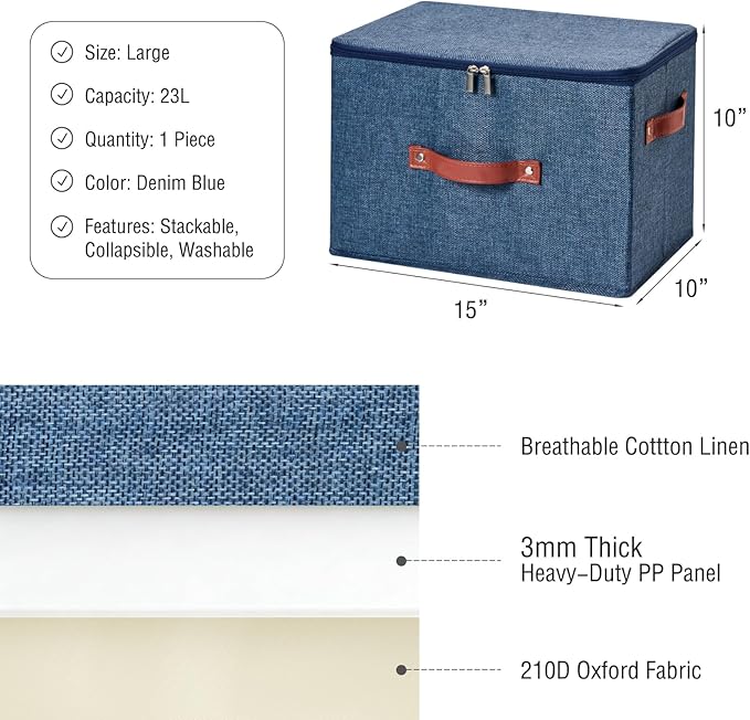 Storage Bin Box with Zippered Lid Cotton Linen Fabric Decorative Basket PU Leather Handles PP Plastic Board Foldable Lidded Clothing Shelf Closet Organizer Container (Denim Blue, Large)