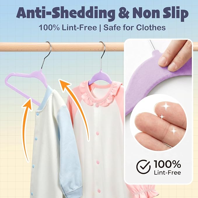 HOUSE DAY 11 Inch Velvet Baby Hangers 50 Pack Lt-Purple, Premium Kids Hangers for Children, Infant & Toddler Clothes, Durable Non Slip Small Baby Felt Hanger for Closet, Ideal for Everyday Use