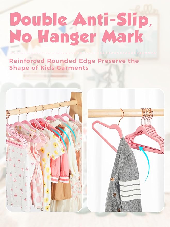 Smartor Kids Velvet Hangers 50 Pack, 14 Inch Premium Non Slip Kids Felt Hangers for Closet, Space Saving Toddler Clothes Hanger for Youth's Childrens' Clothes (Rose Gold Hook)- Pink