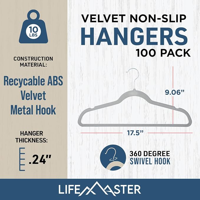 Lifemaster Velvet Non-Slip Hangers - 100 Pieces Non-slip Coat Hanger Set with 360° Swivel Hook, Space-Saving, Sleek Design, Keep Closet Organized, Smooth Velvet Finish, Lightweight Construction - Gray