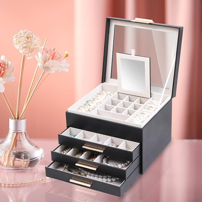 BOOVO Clear Lid Jewelry Box,3 Layers Jewelry Organizer Large Jewelry Storage Box with 2 Drawers,Jewelry Holder Organzier of Rings Earrings Necklace Bracelets for Women (Black, 4 Layer)