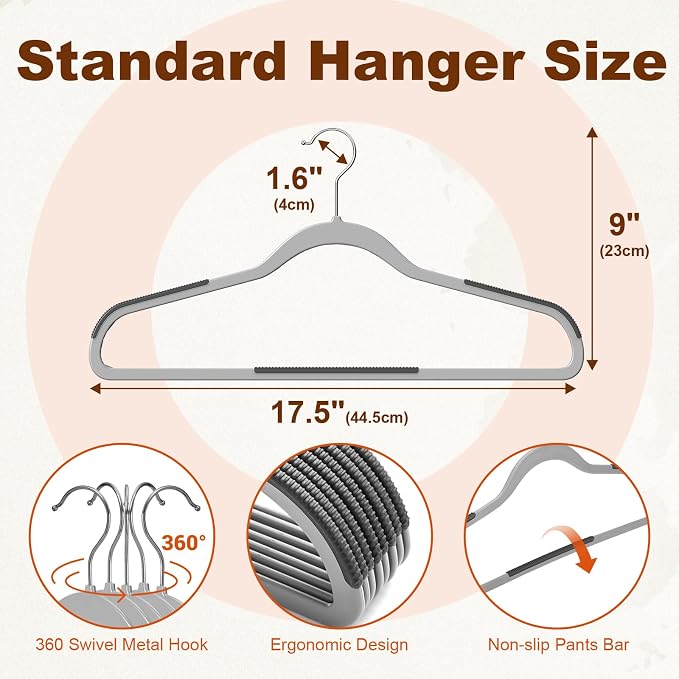HOUSE DAY Heavy Duty Plastic Hangers 100 Pack, Clothes Hangers with Non-Slip Rubber Pads - 0.2 Inch Thin Space Saving Coat Hanger for Closet Organizer, 360° Swivel Hook for Shirts, Pants, Suit (Grey)