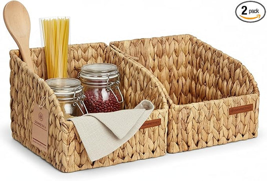 Water Hyacinth Wicker Baskets for Storage, Handwoven Rattan Shelf Basket with Open Front for Organizing Pantry Closet Wardrobe, 100% Natural Decorative Woven Organizer Bin for Cabinet, 2 Pack