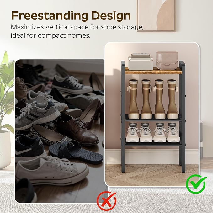 YATINEY 4-Tier Narrow Shoe Rack, Tall Shoe Rack for 4-8 Pairs, Slim Shoe Storage Organizer with Wooden Top, Space Saving, Metal Frame, for Entryway, Rustic Brown and Black SS64BR