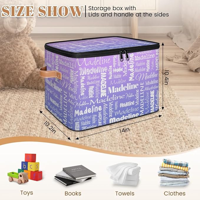 Custom Storage Basket with Name, Personalized Keepsake Box with Zipper Lid, Foldable Fabric Memory Bin Large capacity with Handle Purple