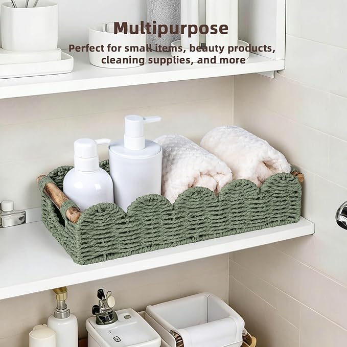 CubesLand Bathroom Basket Organizer w/Cut Out Handle, Back of Toilet Paper Storage Baskets Tray for Bathroom Countertop Decorative, Scalloped Wicker Basket Also for Home Decor, Living Room, Green