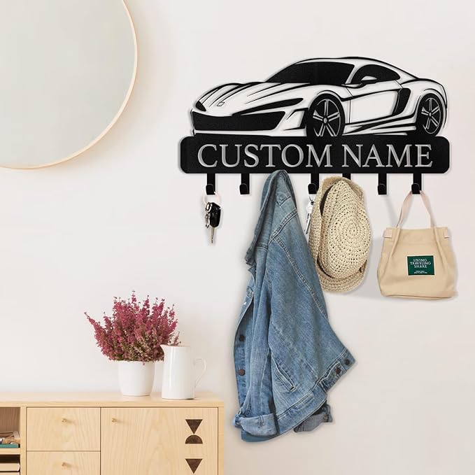 Dyoart Personalized Key Holder Wall Mount - Custom Key Rack Wall Mount with Hooks, Metal Key Rack Organizer, Car Design Key Hanger, Coat Rack, Wall Mounted Decor for Entryway, Front Door, Office