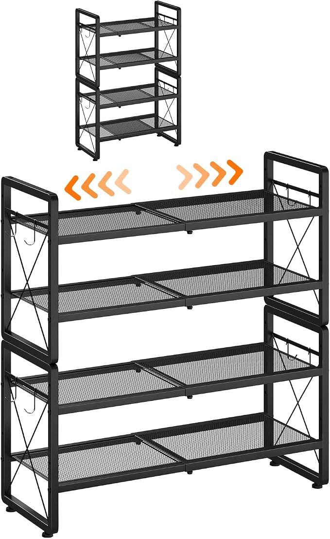 ELYKEN Shoe Rack, 4-Tier Expandable Shoe Organizer for Closet, Metal Black Shoe Shelf with 8 Hooks, Adjustable Shoe Stand Holder for Entryway, Garage, Door Entrance