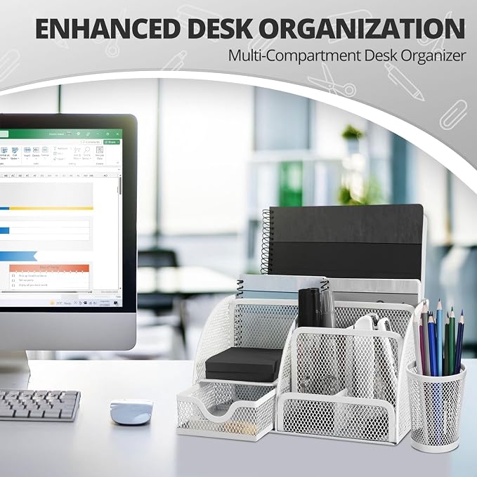 Flexzion Desk Caddy Organizer Set (White) - Metal Mesh Desktop Caddy with Drawers, 6 Compartments, and Pencil Holder for Women & Men - Desktop Organizer and Storage for Work or Office Supplies | Compact desktop caddy with separate pen holder; 8.7 x 5.5...