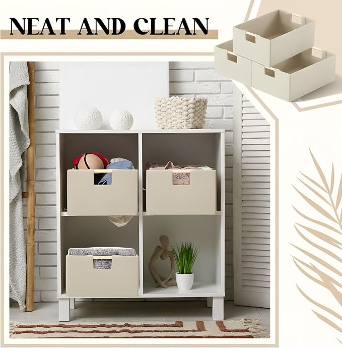 Cinnvoice 3 Pack Fabric Storage Bins for Closet Shelves, 15 x 10.6 x 6 Inch Beige Rectangle Wardrobe Organizer with Handle, Collapsible Shelves Storage Basket for Sorting Clothes and Toy