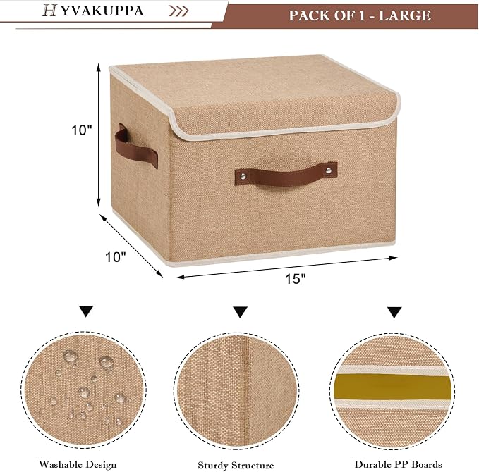 2PCS Collapsible Storage Boxes Baskets with Lid Cotton Linen Fabric Storage Bins with Faux Leather Handles Washable Cube Organizer Container for Home Closet Bedroom (Linen, Large Size)