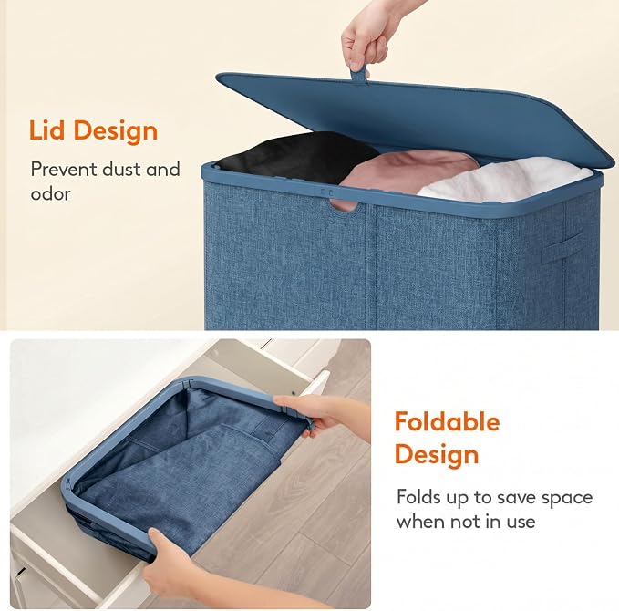 Lifewit 185L 3 Section Laundry Hamper with Lid, Large Laundry Basket with Handles and Removable Bags, Tall Clothes Hamper, Foldable Laundry Sorter for Bedroom Bathroom, Dark Blue