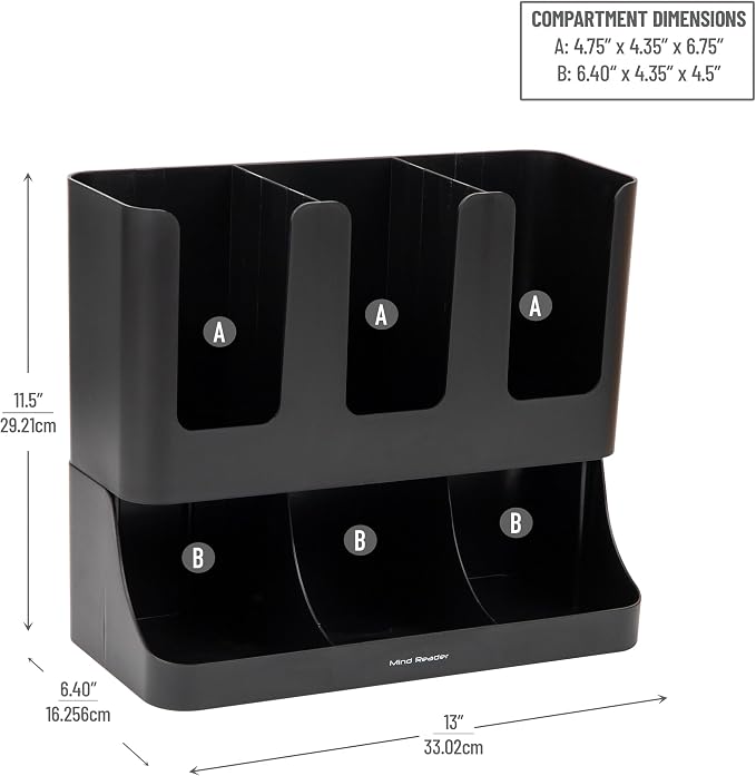 Mind Reader Condiment Station, 13 Inch Countertop Coffee Bar Organizer with 6 Compartments, Storage Caddy for Cups, Lids and Packets, Plastic, Black