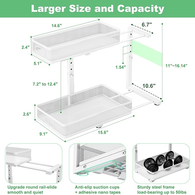 Under Sink Organizer 2 Pack, High Adjustable 2 Tier Under Sink Organizers and Storage, Slide out Metal Cabinet Organizers, Pull out Storage Drawer Shelf for Kitchen Bathroom Cabinet (White)