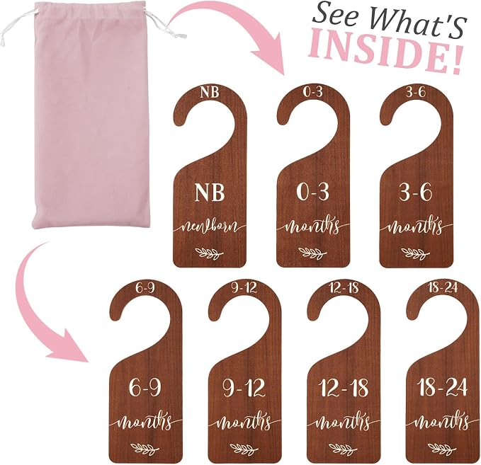 Whaline 7 Pcs Wooden Baby Closet Size Dividers with Pink Velvet Bag Newborn to 24 Month Thicken Infant Wardrobe Organizers Home Nursery Hanger Decor for Baby Shower Party Gift Supplies