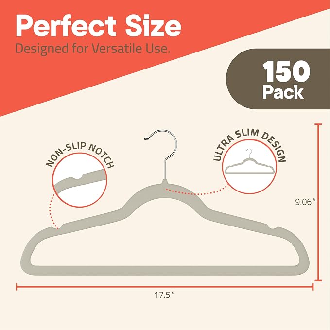 Ivory Velvet Hangers 150 Pack – 360° Swivel Hook, Non-Slip and Space Saving Hangers, Heavy-Duty 11 lbs Weight Capacity - Smooth Velvet Finish for Crease-Free Clothes and Effortless Closet Organization