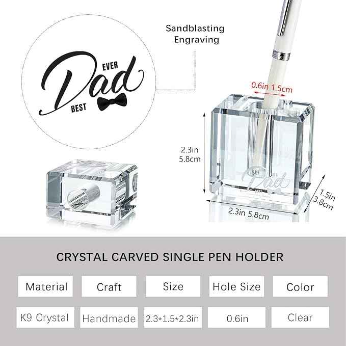 Fathers Day Crystal Christmas Gifts for Dad Crystal Carved Single Pen Holder, 2.4" Fancy Fountain Pen Holder for Desk, Glass Feather Pencil Stand for Office Desktop Decoration, Gift for Father Man