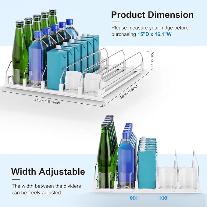 Dayacoco Drink Organizer for Fridge,5 Rows Fridge Soda Can Organizer,20oz 16oz 12oz-Self Pushing Soda Dispenser for Fridge,Adjustable Width-Holds up to 25 Cans,White