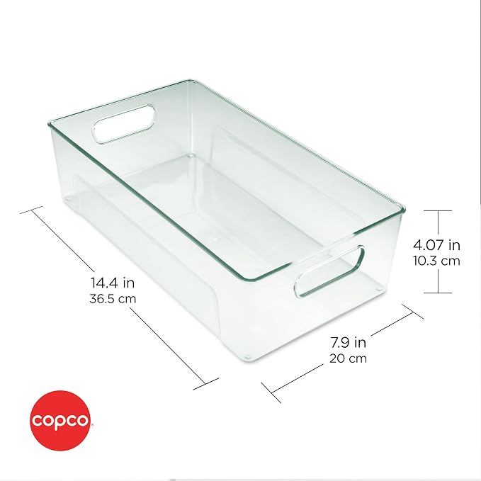 Copco Storage Bin for Refrigerator and Pantry Organizers - Clear Green Fridge Bin with Built-In Handles, 14.4 x 7.9 x 4 Inches, Kitchen and Bathroom Storage Organizer