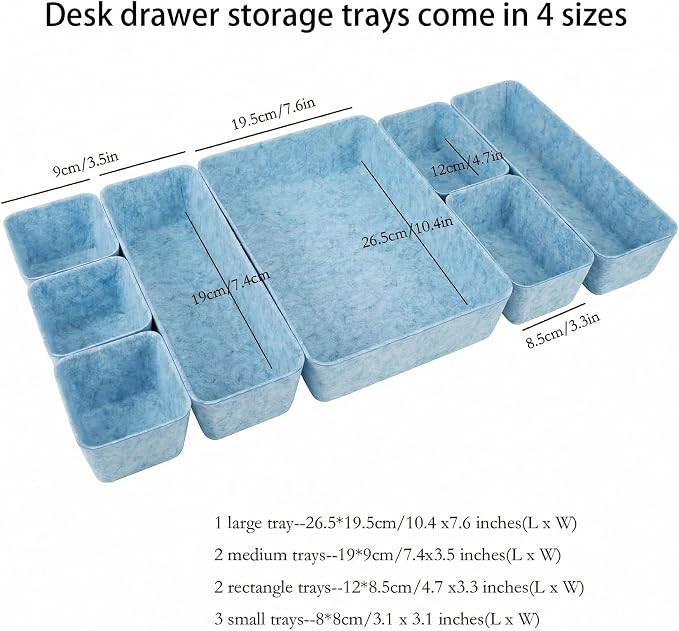 Desk Drawer Organizer Bins, 8pcs Felt Shallow Bathroom Storage Trays, Office Accessories & Workspace Organizers Jewelry & Makeup Boxes Containers(Blue)