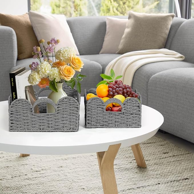 Graciadeco Scalloped Wicker Basket Natural Paper Rope Storage Baskets with Handles Handwoven Organizer Bin Wicker Storage Baskets for Home Decor, Organizing, 2 Pack (Grey)