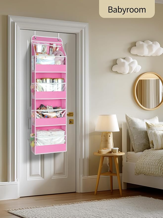 Yecaye 5 Tier Over the Door Organizer, Swing-proof Door Organizer Hanging with Clear PVC Windows, Behind the Door Storage for Bedroom Nursery Closet Laundry Pantry Bathroom, Pink
