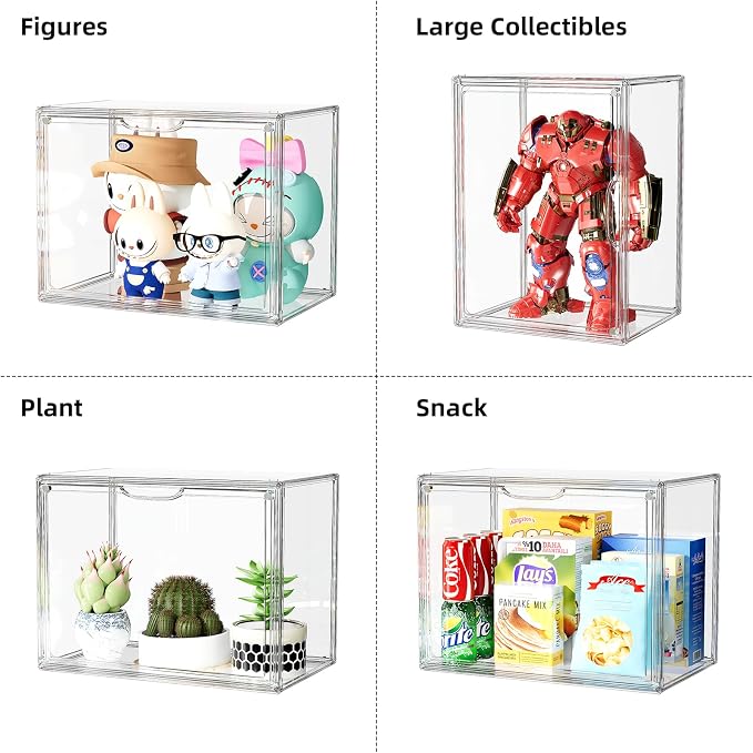 Clear Acrylic Display Case, Stackable Plastic Storage Bins with Lids, Large Display Box with Magnetic Lid Clear Storage Container Dustproof Showcase for Collectibles, Figures, 5 Pack