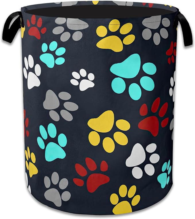 Colourful Paw Prints Laundry Basket Collapsible Laundry Hamper with Handle, Oxford Clothes Storage Bin for Bathroom Bedroom Room Decor 16" X 20.8"