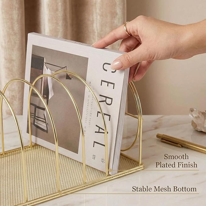 File Sorter Organizer, 5 Section Magazine Holder Rack, Desktop Round Wire Book Stand for Mail, Paper, Document, Folder, Record and Desk Accessories, Gold