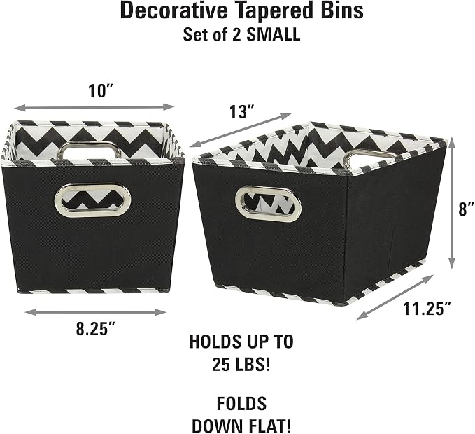 Household Essentials Fabric Storage Bins, Set of 2, Tapered KD Bins, PP Non-Woven Liner, Dual Grommet Handles, Folds for Compact Self-Storage, Attractive Chevron Print, Black