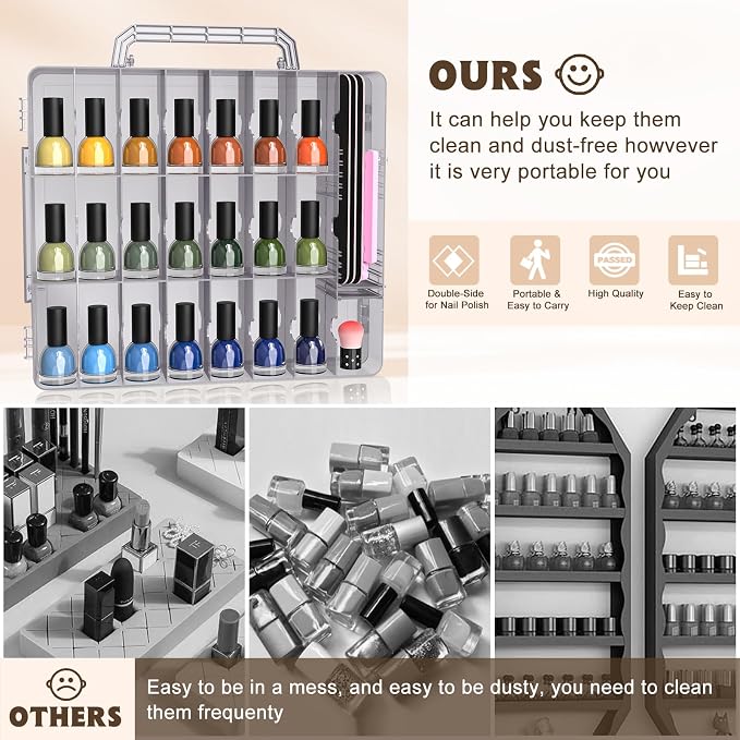 SUBAY 2 Pcs Portable Nail Polish Organizer, Clear Double Side Nail Polish Holder,Gel Nail Storage for 48 Bottles with 6 Adjustable Dividers in Each Side Space Saver Grey