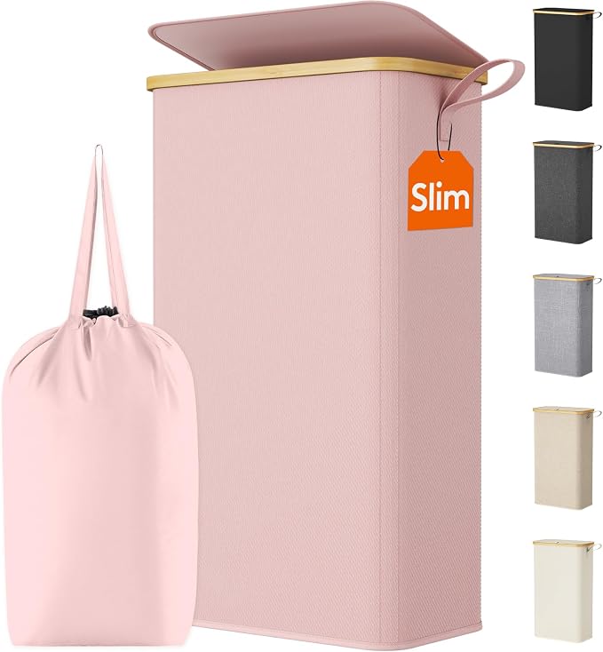 Lifewit 75L Slim Laundry Hamper with Lid, Narrow Laundry Basket with Removable Bag & Bamboo Handles, Fodable Thin Dirty Clothes Hamper for Laundry Collapsible Bin for Bathroom Bedroom Dorm, Pink