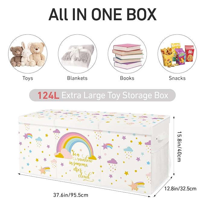 Extra Large Collapsible Toy Box with Lids, Sturdy Storage Organizer, 38"x16"x13" Toy Chest for Playroom, Nursery, Bedroom, Living Room (Rainbow and Stars)