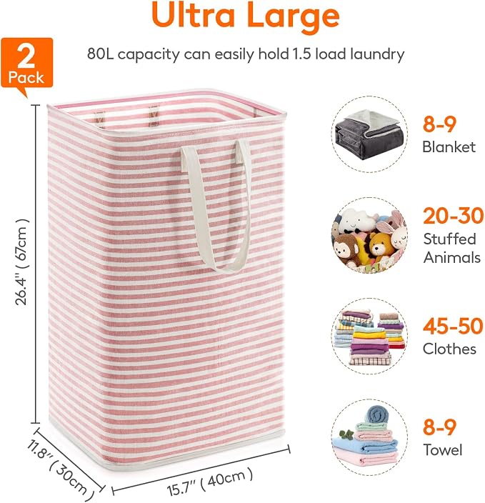 Lifewit 2 Pack Laundry Basket 80L Each, Collapsible Clothes Hamper with Reinforced Handles, Freestanding Waterproof Design for Bedroom and Laundry Room, Grey&Pink 160L Total