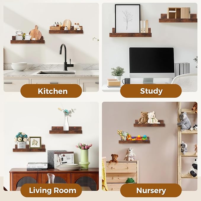 Muzilife 45.3" Large Floating Wall Ledge Shelves with Lip - Set of 2 Rustic Wood Floating Shelves - Walnut Brown Wall Mounted Picture Ledge for Office, Bathroom, Bedroom, Living Room, Kitchen