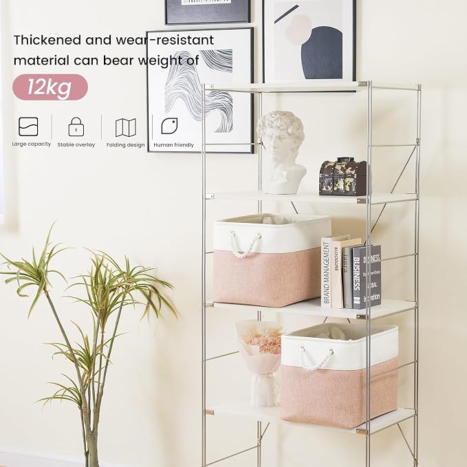 16x12x12 In Foldable Fabric Large Storage Bins with Handle 3 Pack | Storage Basket with Draw String Top, Sturdy Metal Strand, Cardboard Support Molding, for Shelf, Closet, Bedroom, White/Pink