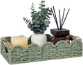 CubesLand Bathroom Basket Organizer w/Cut Out Handle, Back of Toilet Paper Storage Baskets for Bathroom Countertop Decorative, Small Scalloped Wicker Basket Also for Home Decor, Living Room, Green