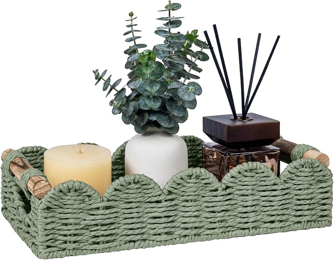 CubesLand Bathroom Basket Organizer w/Cut Out Handle, Back of Toilet Paper Storage Baskets for Bathroom Countertop Decorative, Small Scalloped Wicker Basket Also for Home Decor, Living Room, Green